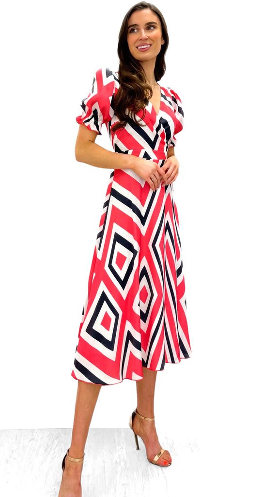 4-9576 Coral Stripey Flare Dress