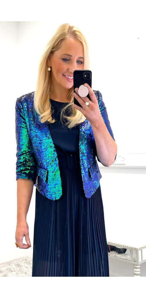 4-A0104 - (SIZES 8,10 ONLY) - Peacock Sequin Blazer