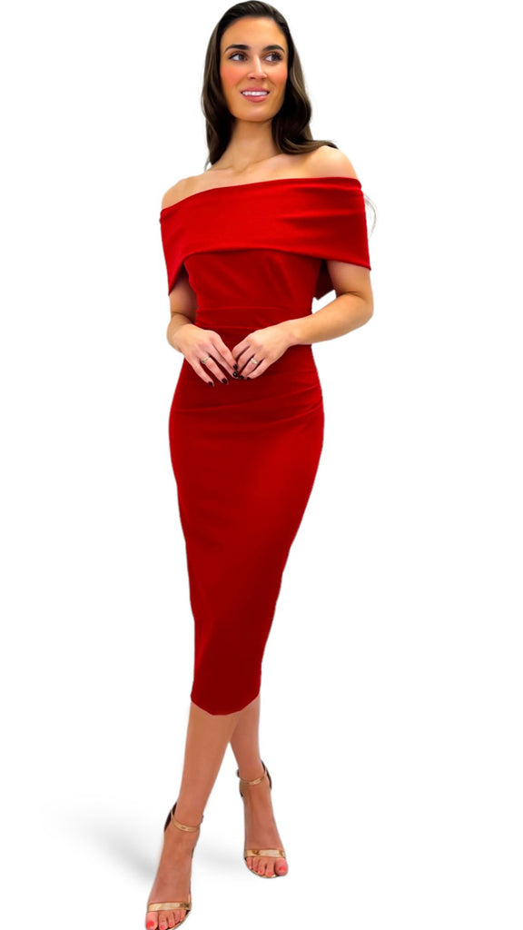 4-A0275 Amelia Red Bardot Rouched Dress