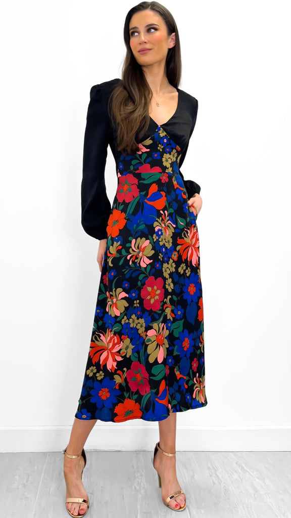 4-A0293 Latia Black Contrast Floral Dress
