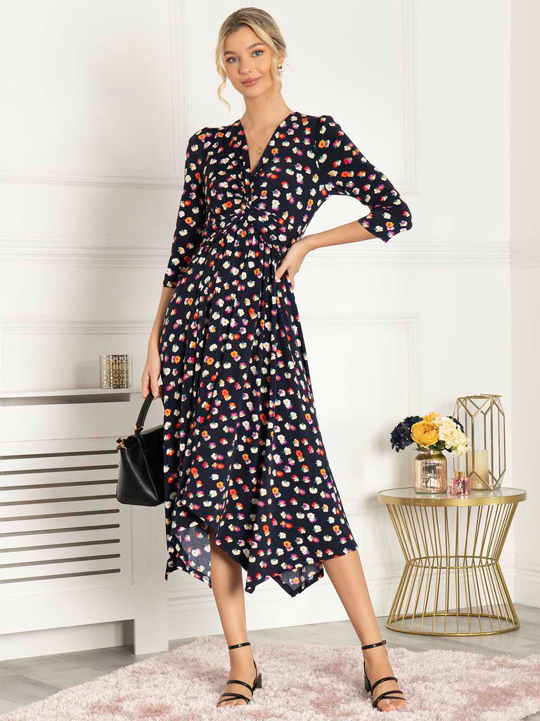 4-A0417 - (SIZE 8 ONLY) - Iona Navy Multi Hanky Hem Dress
