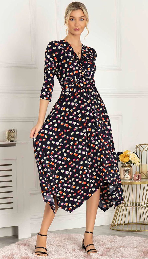 4-A0417 - (SIZE 8 ONLY) - Iona Navy Multi Hanky Hem Dress