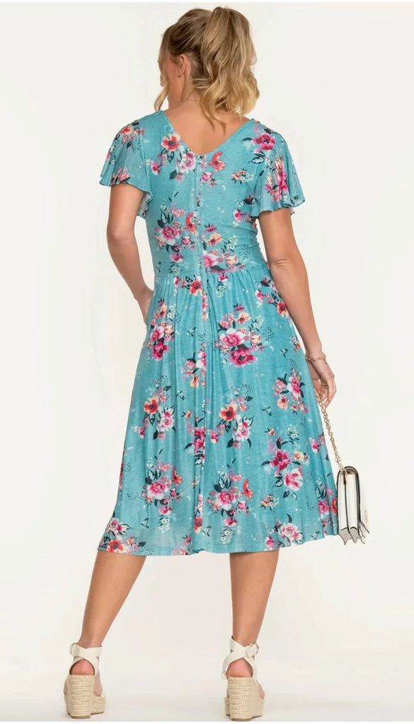4-9706 Turquoise Floral Flare Dress