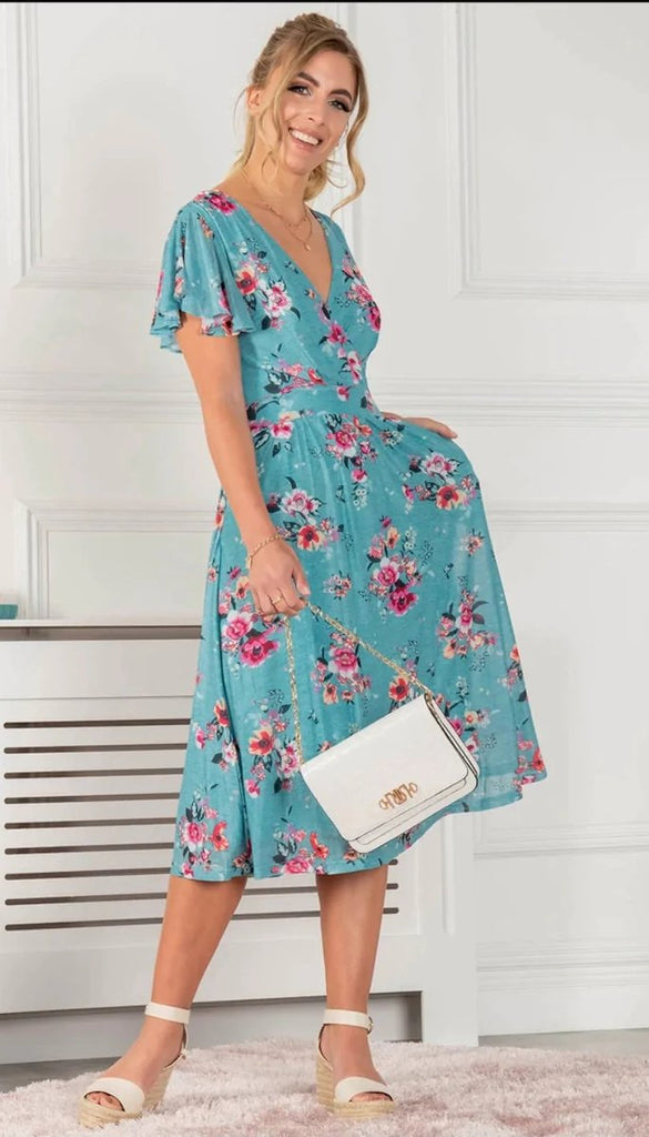 4-9706 Turquoise Floral Flare Dress