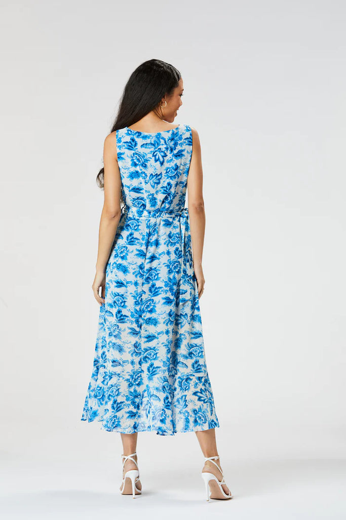 4-A0495 Janet Cowl Neck Blue Floral Dress