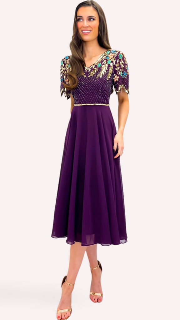 A1365 Purple Embellished Flare Dress