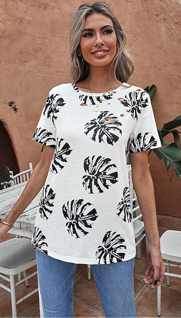 4-9709 - (SIZE 8 ONLY) - White Leaf Print Tee Top