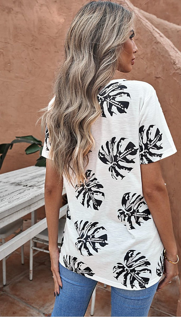 4-9709 - (SIZE 8 ONLY) - White Leaf Print Tee Top